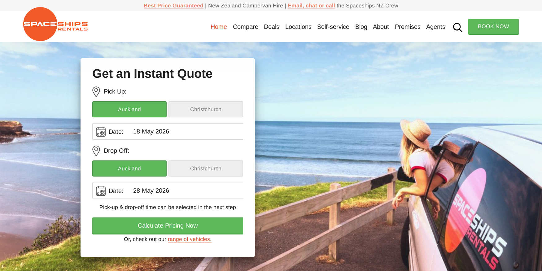 First impression of landing on Spaceships New Zealand site: amazing destination and easy to access prices & availability