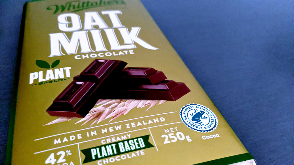Close-up of block of Whittaker's plant-based chocolate